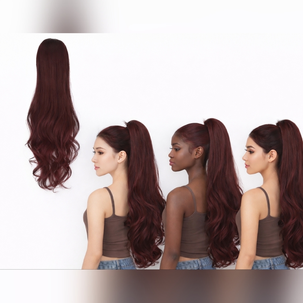NIP Ponytail Extension Wavy Drawstring Burgundy Red Long Curl Clip Wine Claret
